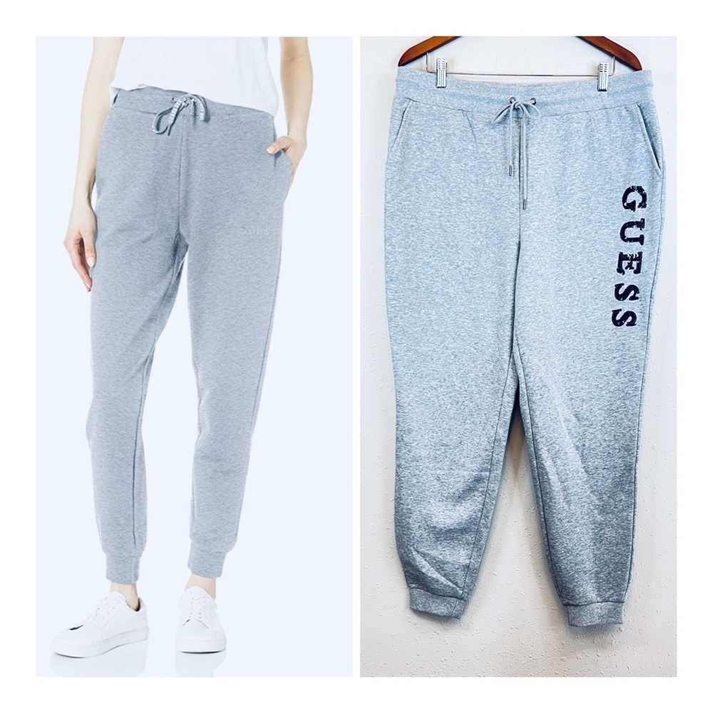 GUESS Sequins Logo Fleece Women’s Heather Grey Joggers Size XL NWT